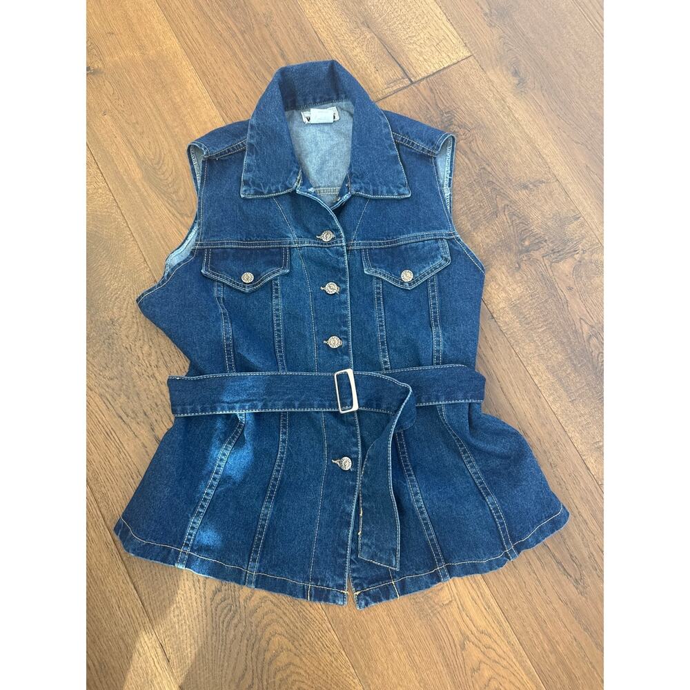 Vintage 90's Y2K Fore Warned Belted Denim Sleeveless Vest Jacket USA Women Sz 10